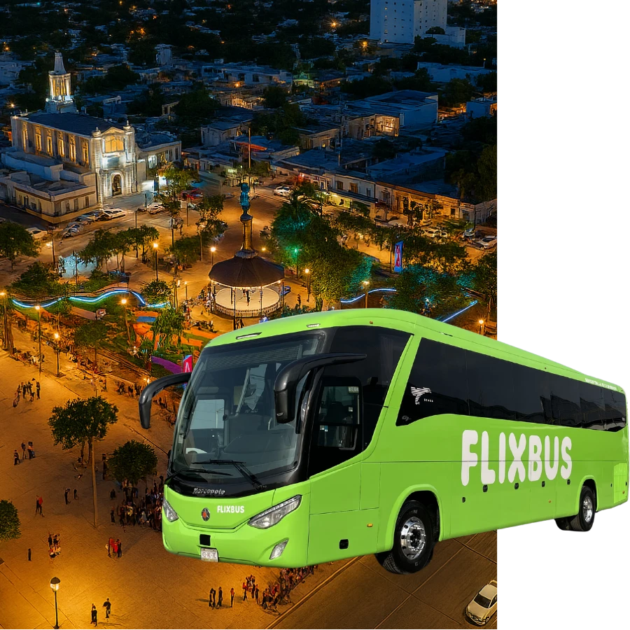 autobus Flixbus sobre una vista panorámica de la plaza principal de Ciudad Acuña