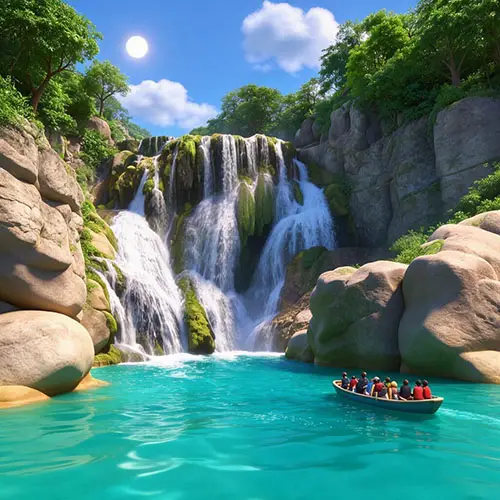 Turquoise pool fed by a multi-tier waterfall, surrounded by large rocks and green trees, with a small boat nearby.