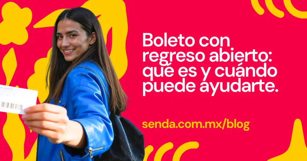Mujer joven con chaqueta azul entrega un boleto hacia la cámara; fondo rosa con texto promocional sobre boleto con regreso abierto y URL.