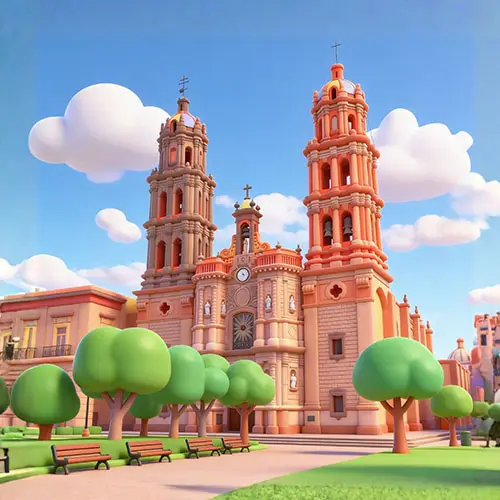 Cartoon-style church with two tall orange bell towers, set in a sunny plaza with green trees and benches.