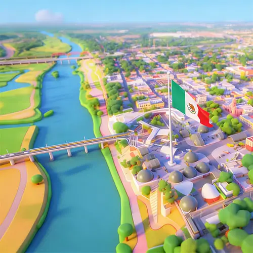 3D aerial view of a city with a winding river, multiple bridges, and a prominent Mexican flag atop a government complex.