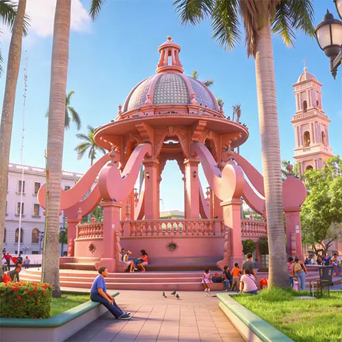 Pink dome gazebo in a sunny plaza, with palm trees and visitors sitting on steps.